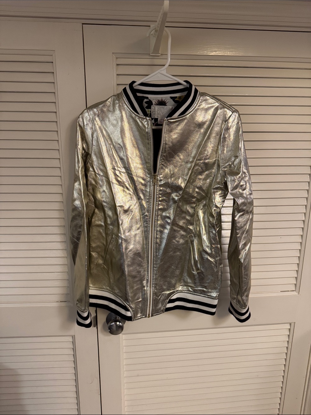 Xhilaration Gold Metallic Bomber Jacket with Black-and-White Trim
